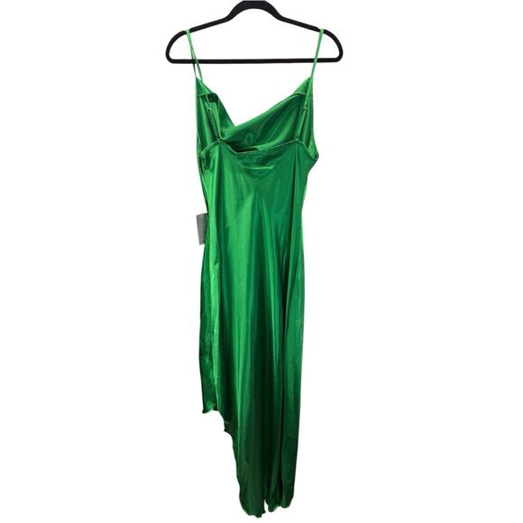 NWT bebe Green Satin Slip Dress Asymmetrical Hem Cowl Neck Maxi Large - Picture 5 of 6